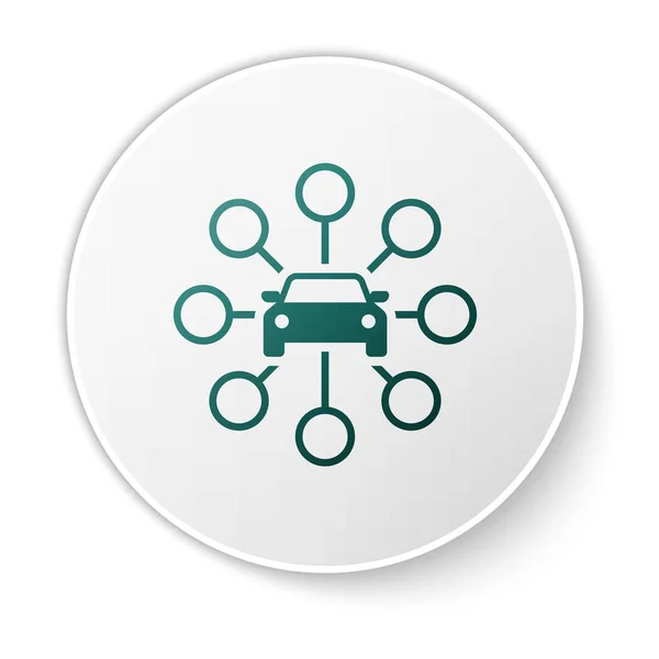 Groene autodelen icoon geïsoleerd op witte achtergrond. Carsharing teken. Transport verhuurservice concept. Witte cirkel knop. Vector illustratie — Stockvector