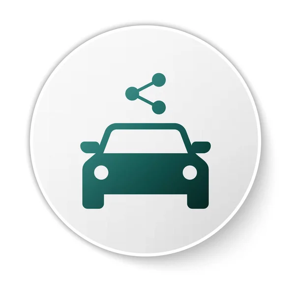 Zöld autó megosztása ikon elszigetelt fehér háttér. Carsharing jel. Szállítási szolgáltatás koncepcióját. Fehér kör gomb. Vektoros illusztráció — Stock Vector
