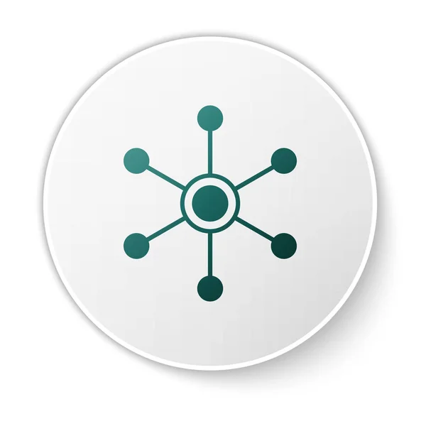 Icona di rete verde isolata su sfondo bianco. Connessione di rete globale. Tecnologia globale o social network. Collegare punti e linee. Pulsante cerchio bianco. Illustrazione vettoriale — Vettoriale Stock