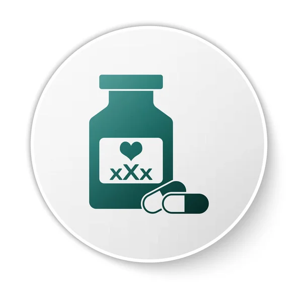 Flacone di medicina verde con pillole per la potenza, icona afrodisiaca isolata su sfondo bianco. Pillole sessuali per uomini e donne. Pulsante cerchio bianco. Illustrazione vettoriale — Vettoriale Stock