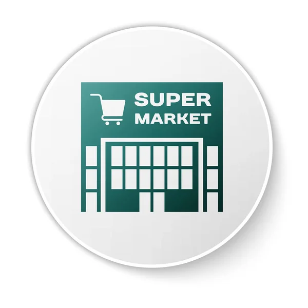 흰색 배경에 격리 된 쇼핑 카트 아이콘이있는 녹색 슈퍼마켓 건물. 쇼핑 또는 상점. 쇼핑몰 건물입니다. 흰색 원 버튼. 벡터 일러스트레이션 — 스톡 벡터