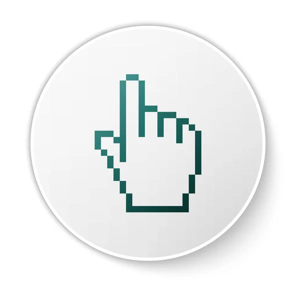Icono verde del cursor de mano de Pixel aislado sobre fondo blanco. Cursor de mano puntero. Botón círculo blanco. Ilustración vectorial — Vector de stock