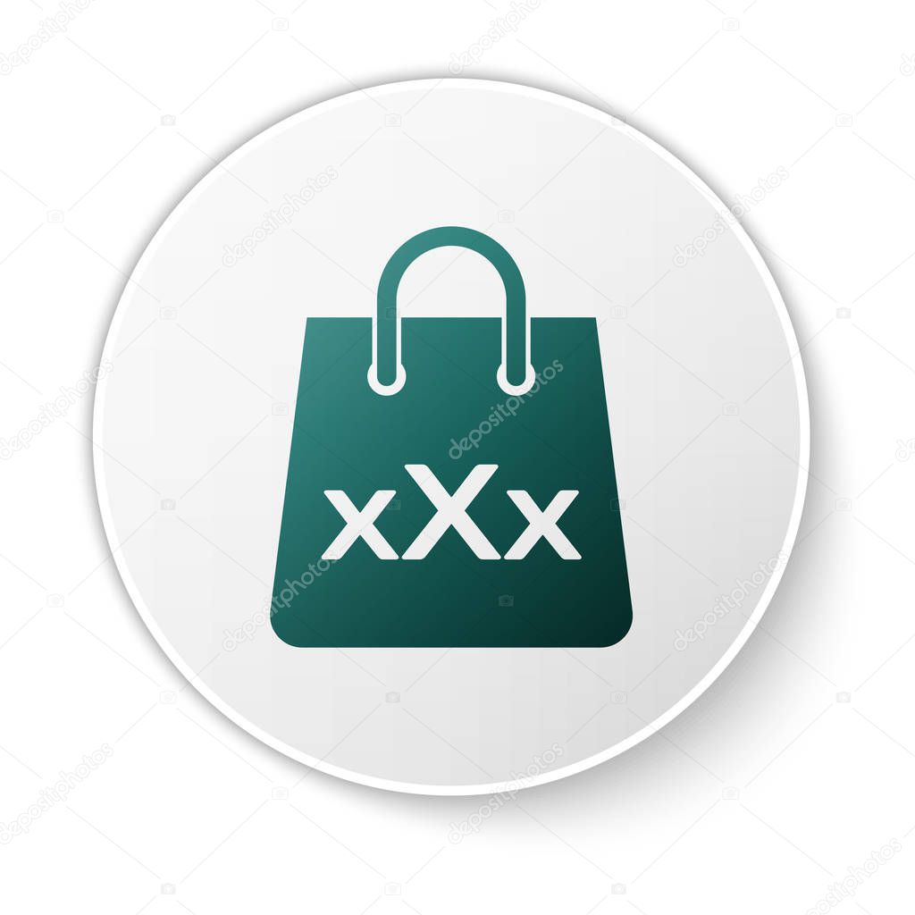 Green Shopping bag with a triple X icon isolated on white background. White circle button. Vector Illustration