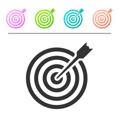 Beyaz arka planda izole ok simgesiyle gri hedef. Dart tahtası işareti. Okçuluk Panosu simgesi. Dartboard tabelası. İş hedefi kavramı. Renk düğmelerinde simgeyi ayarlayın. Vektör Illustration
