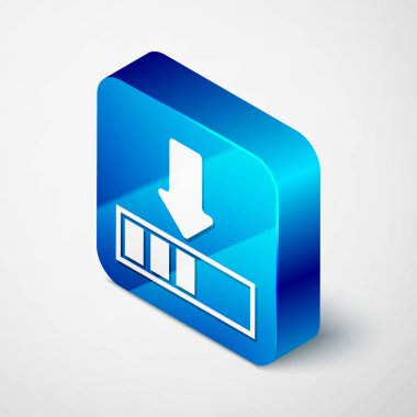 Beyaz arka planda yalıtılmış izometrik yükleme simgesi. Karşıdan yükleme devam ediyor. İlerleme çubuğu simgesi. Mavi kare düğmesi. Vektör Illustration