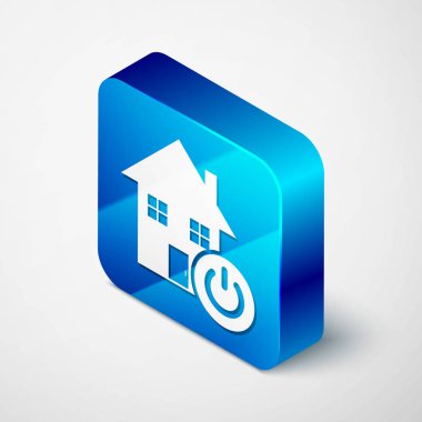 Beyaz arka planda yalıtılmış izometrik akıllı ev simgesi. Uzaktan kumanda. Mavi kare düğmesi. Vektör Illustration