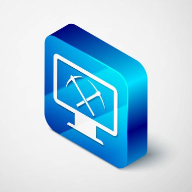 Beyaz arka planda yalıtılmış dizüstü bilgisayar ve kazma simgesi ile izometrik madencilik kavramı. Blockchain teknolojisi, cryptocurrency madenciliği, dijital para piyasası. Mavi kare düğmesi. Vektör Illustration
