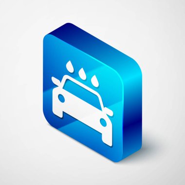 Beyaz arka planda izole izometrik araç yıkama simgesi. Carwash hizmeti ve su bulutu simgesi. Mavi kare düğmesi. Vektör Illustration