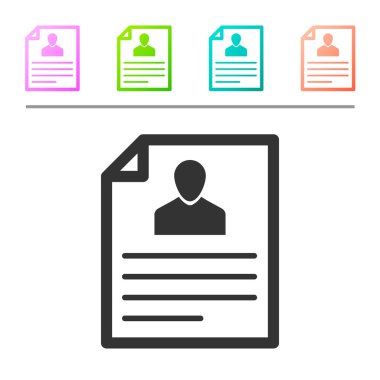 Beyaz arka planda izole gri özgeçmiş simgesi. CV uygulaması. Profesyonel personel aranıyor. Personel Analizi devam ediyor. Renk düğmelerinde simgeyi ayarlayın. Vektör Illustration