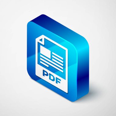 İzometrik PDF dosyası belge simgesi. Beyaz arka planda izole PDF düğmesi simgesini indirin. PDF dosyası sembolü. Mavi kare düğmesi. Vektör Illustration