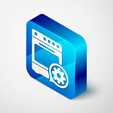 İzometrik fırın ve dişli simgesi beyaz arka planda izole edilmiştir. Uygulama, hizmet kavramı, ayar seçenekleri, bakım, onarım, sabitleme ayarlama. Mavi kare düğmesi. Vektör Illustration