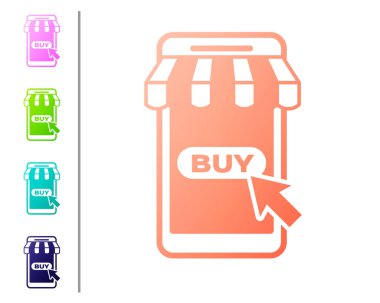 Beyaz arka planda izole çizgili tente simgesi ile mercan cep telefonu ve alışveriş sepeti. Online satın alma sembolü. Süpermarket sepeti sembolü. Renk simgeleri ayarlayın. Vektör Illustration