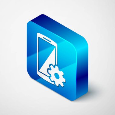 Akıllı telefon ekranında izometrik ayar beyaz arka planda izole simgesi. Cep telefonu ve vites işareti. Uygulama ayarlama, seçenekleri ayarlama, onarım, telefon kavramları sabitleme. Mavi kare düğmesi. Vektör Illustration