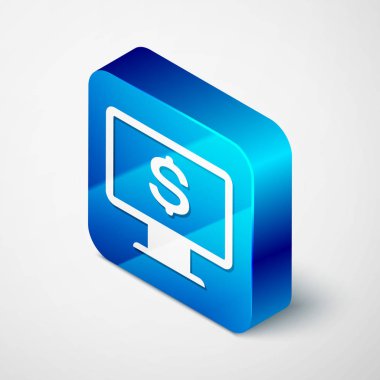 Beyaz arka planda izole dolar simgesiyle izometrik bilgisayar monitörü. Internet mali güvenlik kavramı, online finans koruma. Mavi kare düğmesi. Vektör Illustration