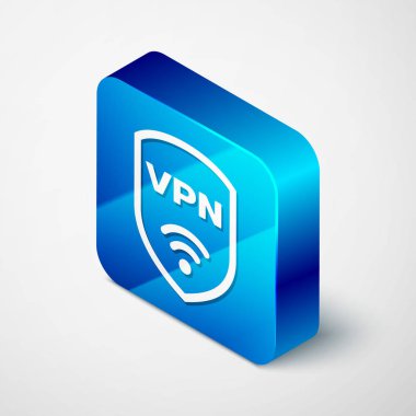 VPN ve WiFi kablosuz internet ağı sembol simgesi ile izometrik Shield beyaz arka planda izole. VPN güvenlik kavramını korur. Mavi kare düğmesi. Vektör Illustration