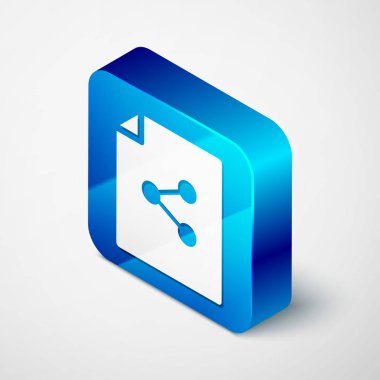 Beyaz arka planda yalıtılmış izometrik paylaşım dosyası simgesi. Dosya paylaşımı. Dosya Aktarım işareti. Mavi kare düğmesi. Vektör Illustration