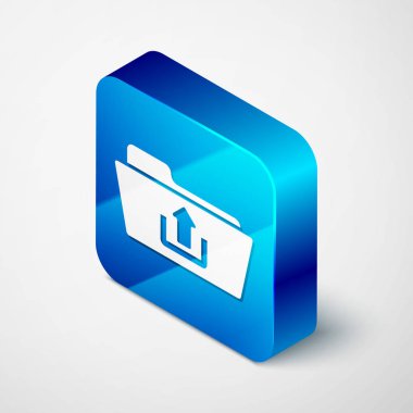 Beyaz arka planda yalıtılmış izometrik klasör yükleme simgesi. Mavi kare düğmesi. Vektör Illustration