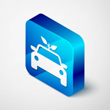 Beyaz arka planda izole yaprak simgesi ile izometrik Eko araba kavramı sürücü. Yeşil enerji araba sembolü. Mavi kare düğmesi. Vektör Illustration