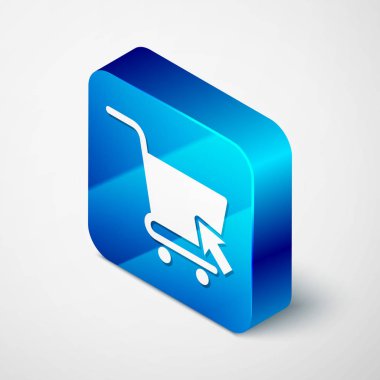 Beyaz arka planda izole imleç simgesi ile izometrik alışveriş sepeti. Online satın alma kavramı. Teslimat hizmeti işareti. Süpermarket sepeti sembolü. Mavi kare düğmesi. Vektör Illustration