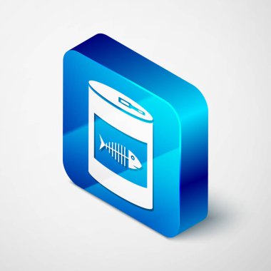 Beyaz arka planda izole kedi simgesi için izometrik konserve gıda. Balık iskelet işareti. Hayvanlar için yiyecek. Pet Köpek maması olabilir. Mavi kare düğmesi. Vektör Illustration