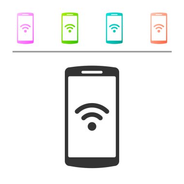 Beyaz arka planda ücretsiz Wi-Fi Kablosuz bağlantı simgesi ile gri smartphone. Kablosuz teknoloji, Wi-Fi bağlantısı, kablosuz ağ, HotSpot kavramları. Renk düğmelerinde simgeyi ayarlayın. Vektör Illustration