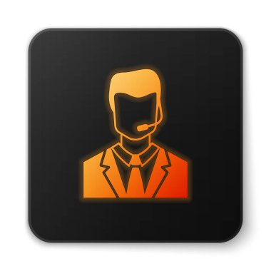 Turuncu parlayan adam beyaz arka planda yalıtılmış bir kulaklık simgesi ile. Destek operatörü temas halinde. Çağrı merkezi için konsept, müşteri destek hizmeti. Düz tasarım. Siyah kare düğmesi. Vektör Illustration