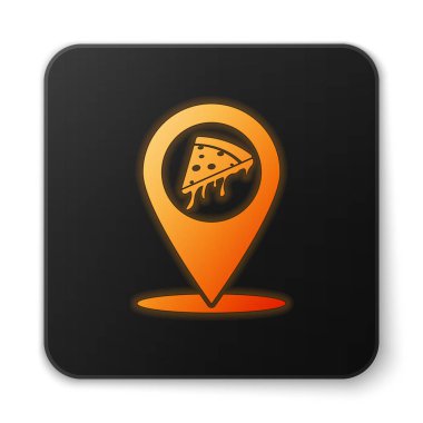 Beyaz arka planda izole hızlı gıda dilim pizza simgesi ile turuncu parlayan harita işaretçisi. Pizzacı konum simgesi. Pizza Kafe ve restoran Marker. Siyah kare düğmesi. Vektör Illustration