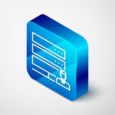 Beyaz arka planda yalıtılmış izometrik Müşteri Hizmetleri sunucusu simgesi. Erkek operatör ile teknik destek kavramı. Çağrı merkezi işareti. Mavi kare düğmesi. Vektör Illustration
