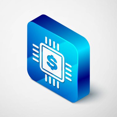 Beyaz arka planda izole dolar simgesi olan izometrik Işlemci yongası. CPU ve bir dolar işareti. Mavi kare düğmesi. Vektör Illustration
