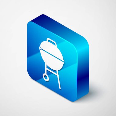 Isometrik Barbekü ızgara simgesi beyaz arka planda izole. Barbekü ızgara partisi. Mavi kare düğmesi. Vektör Illustration