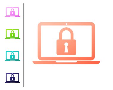 Mercan laptop ve kilit simgesi beyaz arka planda izole. Bilgisayar ve asma kilit. Güvenlik, emniyet, koruma konsepti. Güvenli ağlar arası. Renk simgeleri ayarlayın. Vektör Illustration