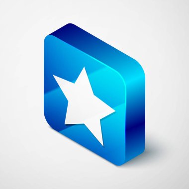 Beyaz arka planda yalıtılmış izometrik yıldız simgesi. Favori, en iyi Rating, ödül sembolü. Mavi kare düğmesi. Vektör Illustration
