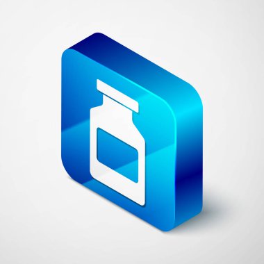 Beyaz arka planda izole İsometrik tıp şişe simgesi. Şişe hap işareti. Eczane tasarımı. Mavi kare düğmesi. Vektör Illustration