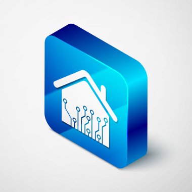 Beyaz arka planda yalıtılmış izometrik akıllı ev simgesi. Uzaktan kumanda. Mavi kare düğmesi. Vektör Illustration