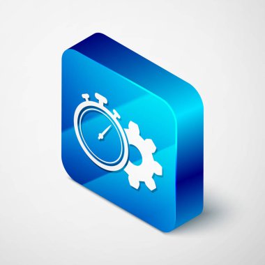 Beyaz arka planda yalıtılmış izometrik zaman yönetimi simgesi. Saat ve vites işareti. Verimlilik sembolü. Mavi kare düğmesi. Vektör Illustration