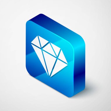 Beyaz arka planda yalıtılmış izometrik elmas simgesi. Mücevher sembolü. Mücevher taşı. Mavi kare düğmesi. Vektör Illustration