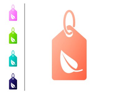 Beyaz arka planda izole yaprak sembolü simgesi ile mercan etiketi. Afiş, etiket, etiket, logo, eko yeşil için Sticker. Renk simgeleri ayarlayın. Vektör Illustration