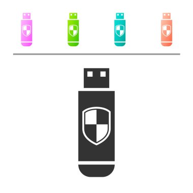 Gri USB flash sürücü ve koruma kalkanı simgesi beyaz arka planda yalıtılmış. Renk düğmelerinde simgeyi ayarlayın. Vektör Illustration