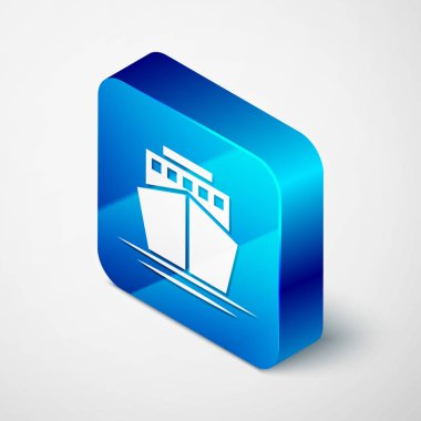 Beyaz arka planda yalıtılmış izometrik gemi simgesi. Mavi kare düğmesi. Vektör Illustration