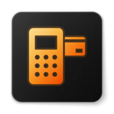 Turuncu parlayan POS terminali ile takılı kredi kartı simgesi beyaz arka planda izole edilmiştir. Ödeme terminali hareketi. Siyah kare düğmesi. Vektör Illustration