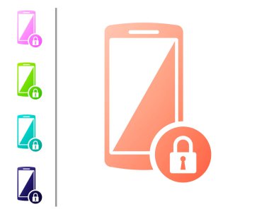 Beyaz arka planda izole kapalı asma kilit simgesi ile mercan smartphone. Kilidi olan telefon. Mobil güvenlik, güvenlik, koruma konsepti. Renk simgeleri ayarlayın. Vektör Illustration
