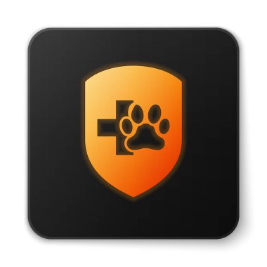 Turuncu parlayan hayvan sağlık sigortası simgesi beyaz arka planda izole. Pet koruma simgesi. Köpek veya kedi pençe baskı. Siyah kare düğmesi. Vektör Illustration