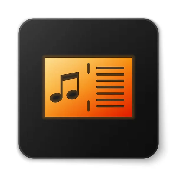 Livre de musique orange brillant avec icône de note isolée sur fond blanc. Partition musicale avec portée de note. Carnet pour notes de musique. Bouton carré noir. Illustration vectorielle — Image vectorielle