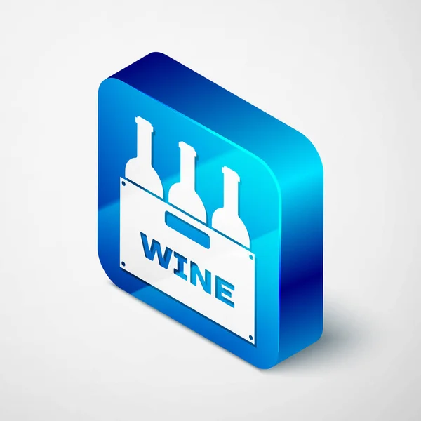 Garrafas Isométricas de vinho em um ícone de caixa de madeira isolado em fundo branco. Garrafas de vinho em um ícone de caixa de madeira. Botão quadrado azul. Ilustração vetorial — Vetor de Stock