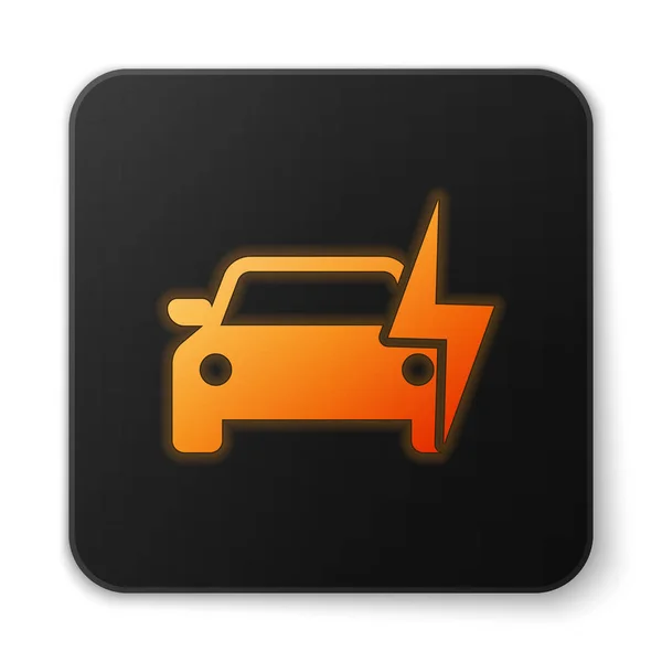 Naranja brillante coche eléctrico y cable eléctrico icono de carga aislado sobre fondo blanco. Tecnologías ecológicas renovables. Botón cuadrado negro. Ilustración vectorial — Vector de stock