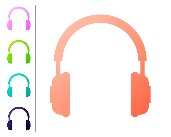 Icono de auriculares de coral aislado sobre fondo blanco. Signo de auriculares. Objeto conceptual para escuchar música, servicio, comunicación y operador. Establecer icono en los botones de color. Ilustración vectorial — Vector de stock