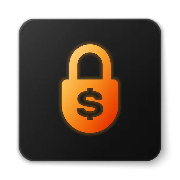 橙色发光货币锁图标隔离在白色背景。挂锁和美元符号。财务、安全、安全、保护、隐私概念。黑色正方形按钮。矢量插图 — 图库矢量图片