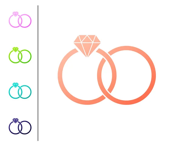 Koraal trouwringen icoon geïsoleerd op witte achtergrond. Bruid en bruidegom juwelen teken. Huwelijk icoon. Diamanten ring. Set icoon in kleurknoppen. Vector illustratie — Stockvector