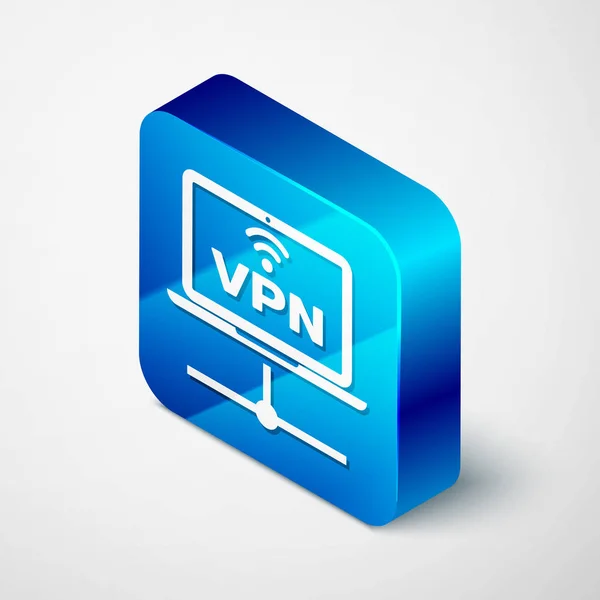 Isometric VPN Computer network icon isolated on white background. Laptop network. Internet connection. Blue square button. Vector Illustration — Stock Vector