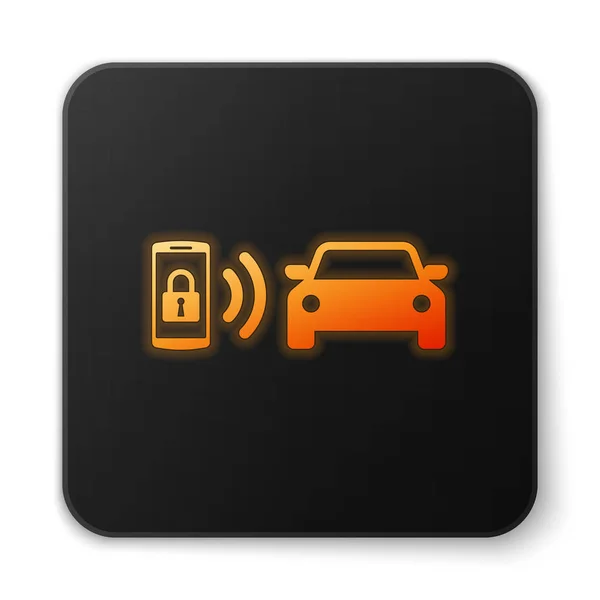 Oranje gloeiende slimme auto alarmsysteem icoon geïsoleerd op witte achtergrond. De smartphone controleert de veiligheid van de auto op de draadloze. Zwarte vierkante knop. Vector illustratie — Stockvector